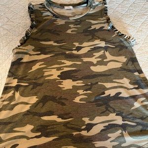 Pinkblush olive camo sleeveless ruffle accent maternity top